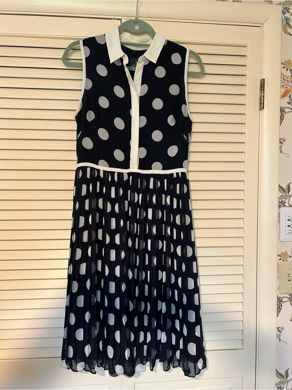 Adrianna Papell Navy and White Polka Dot Sleeveless Collared Dress